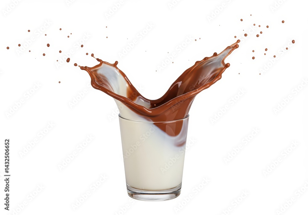 Aufkleber chocolate milk splashing out of a glass on a white background creating a dynamic and energetic visua