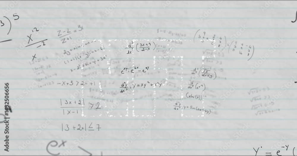 Poster animated illustration showing lined notebook covered with handwritten algebra and calculus formulas