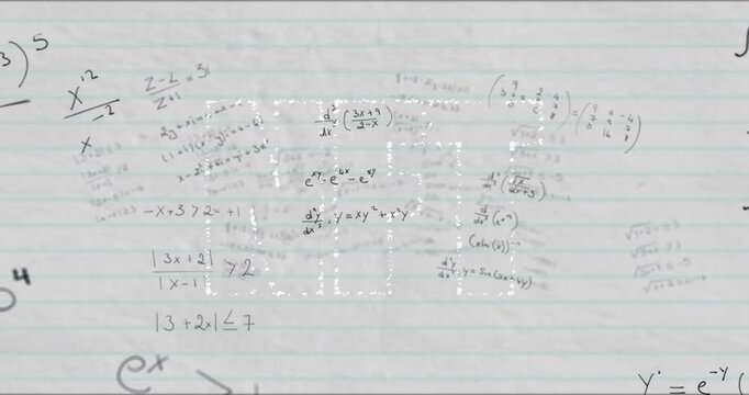 Animated illustration showing lined notebook covered with handwritten algebra and calculus formulas