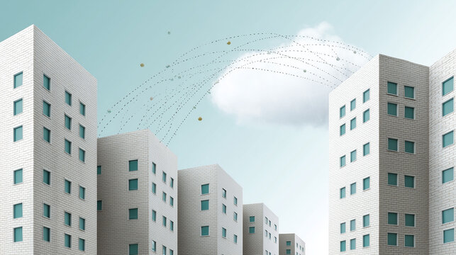 Urban Skyline with Futuristic Connections: A striking visual of a cityscape with clean, modern architecture and a digitally rendered network connecting the buildings.