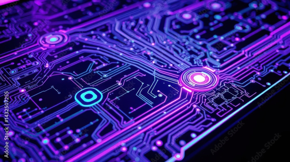 Poster Abstract futuristic circuit board with glowing neon lights and patterns