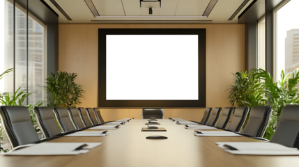 A clean corporate meeting room with a projection screen,, with a Transparent PNG Cutout ready for a presentation,and  copy space on the screen