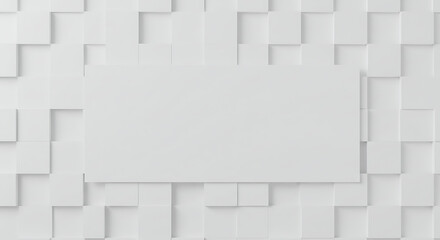 A crisp white rectangular frame is centered on a textured white wall made of varying 3D rectangular blocks, creating depth and a modern feel.