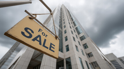 Obraz premium High Rise For Sale: A towering skyscraper stands imposingly under a cloudy sky with a 