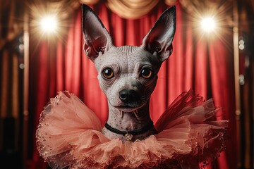 Mexican Hairless dog in costume concept. Unique dog in a theatrical costume with stage lights in the background