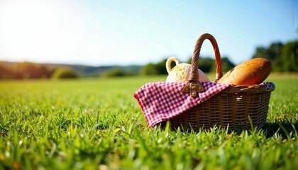 Picnic basket filled with bread on green grass field  