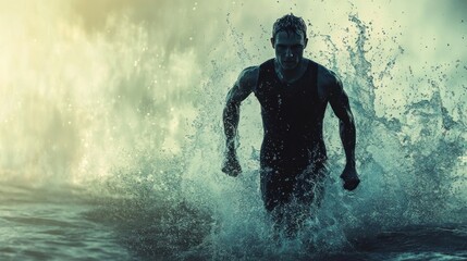 Triathlon athlete emerging from water
