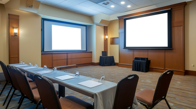 A clean corporate meeting room with a projection screen,, with a Transparent PNG Cutout ready for a presentation,and  copy space on the screen