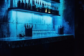 A deep charcoal setting with dusty blue ambient lighting.