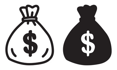Money Bag Icon Set – Dollar Sign in Black and Outline Style. money, bag, dollar, icon, cash, finance, banking, savings, currency