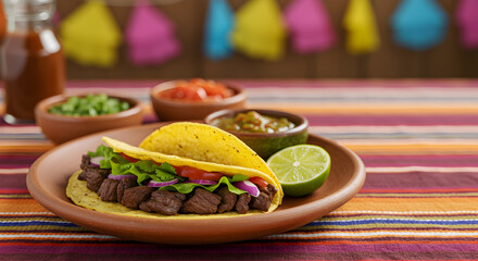 Hard shell tacos served with lime and sauces on festive Mexican tablecloth, cinco de mayo celebration


