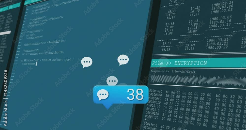 Poster blue chat notification bubble displaying 43 over split screens showing code and encryption panel