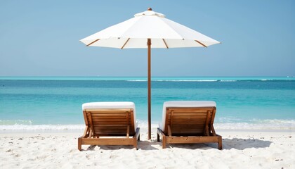 Beach chairs relaxing under a white umbrella by the turquoise sea  