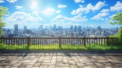Cityscape view from park fence; sunny day