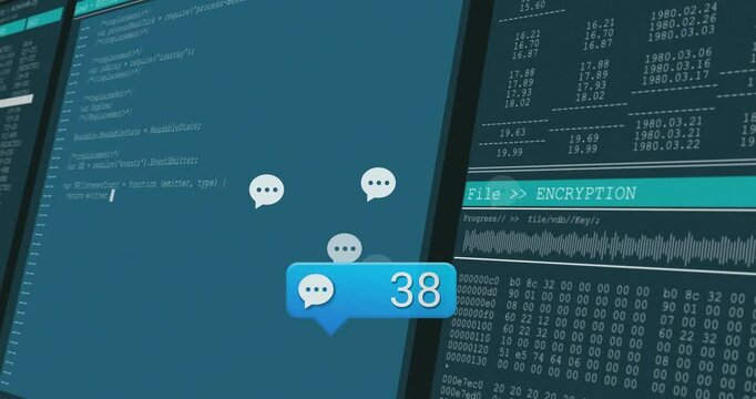 Blue chat notification bubble displaying 43 over split screens showing code and encryption panel