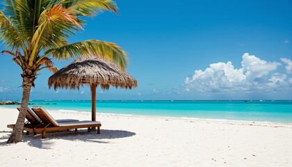 Tropical beach with palm trees and sun loungers under bright sky  
