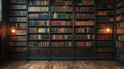 Antique Library with Warm Lighting and Ornate Wooden Bookshelves