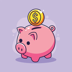 Piggy bank with coin. Vector illustration in cartoon style.