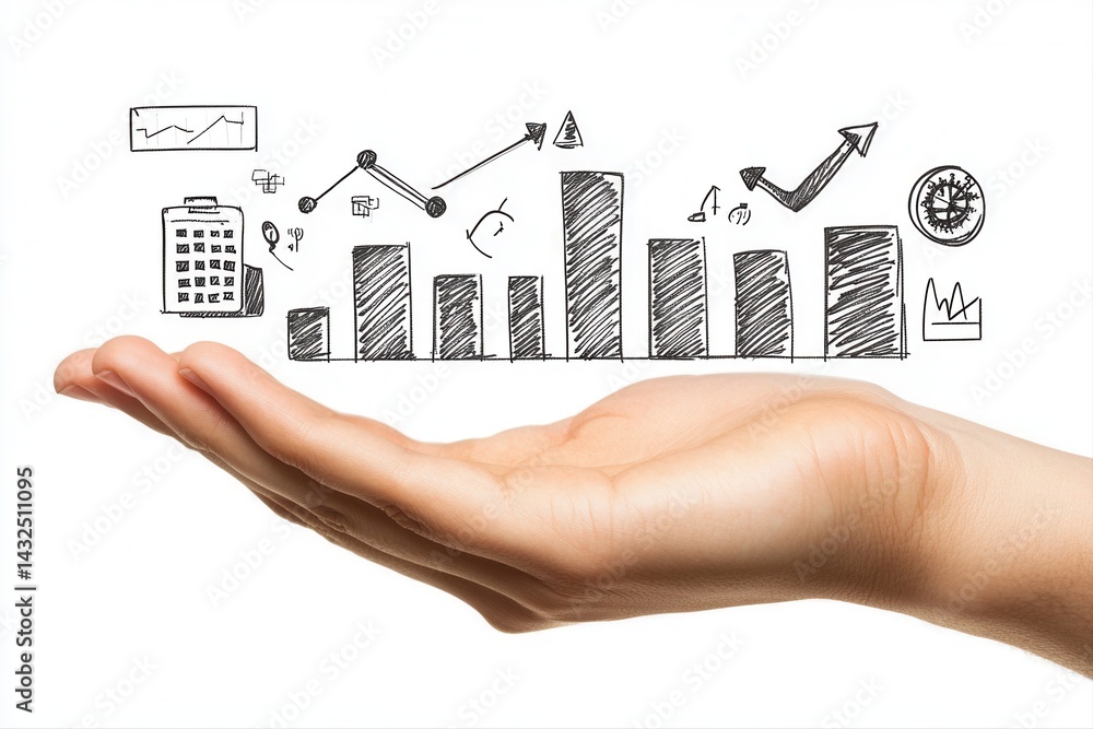 Poster hand holding a bar graph with growth indicators and icons representing business analytics
