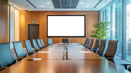 Elegant Corporate Workspace With PNG Cutout of Transparent Projection Screen Ready for Presentations, Branding Templates