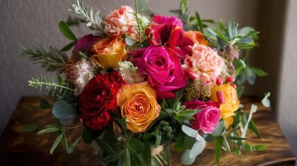Fototapeta premium Stunning Bouquet of Colorful Roses and Carnations with Greenery in Natural Light for Beautiful Floral Arrangement Display