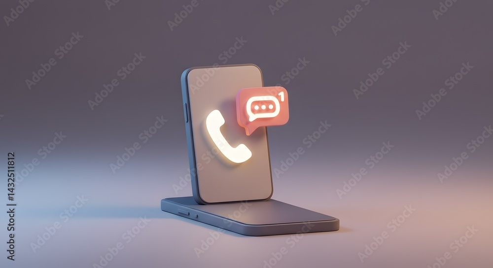 Poster instant communication mobile phone with call and message icons, 3d render
