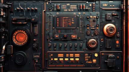 Fototapeta premium Detailed view of a complex control panel with dials, switches, and glowing screens