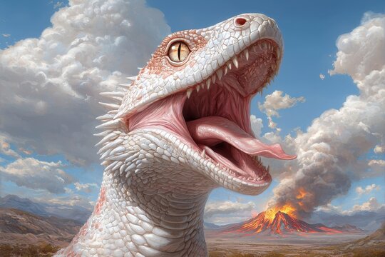 Close up of a Pale Reptile Against Volcanic Eruption