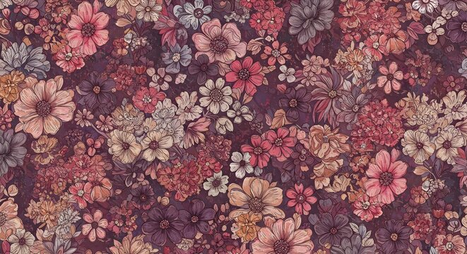 Vintage Floral Pattern A Seamless Design of Delicate Blooms in Dusty Pink, Burgundy, and Mauve Hues, Perfect for Fabrics, Wallpapers, and More