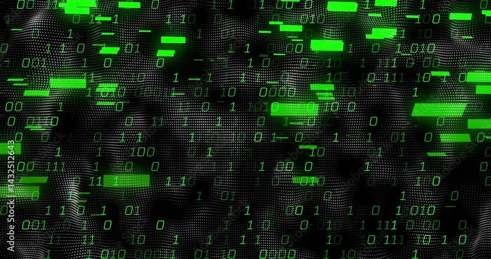 Poster green binary digits streaming over wavy black dotted grid in virtual flat design digital space