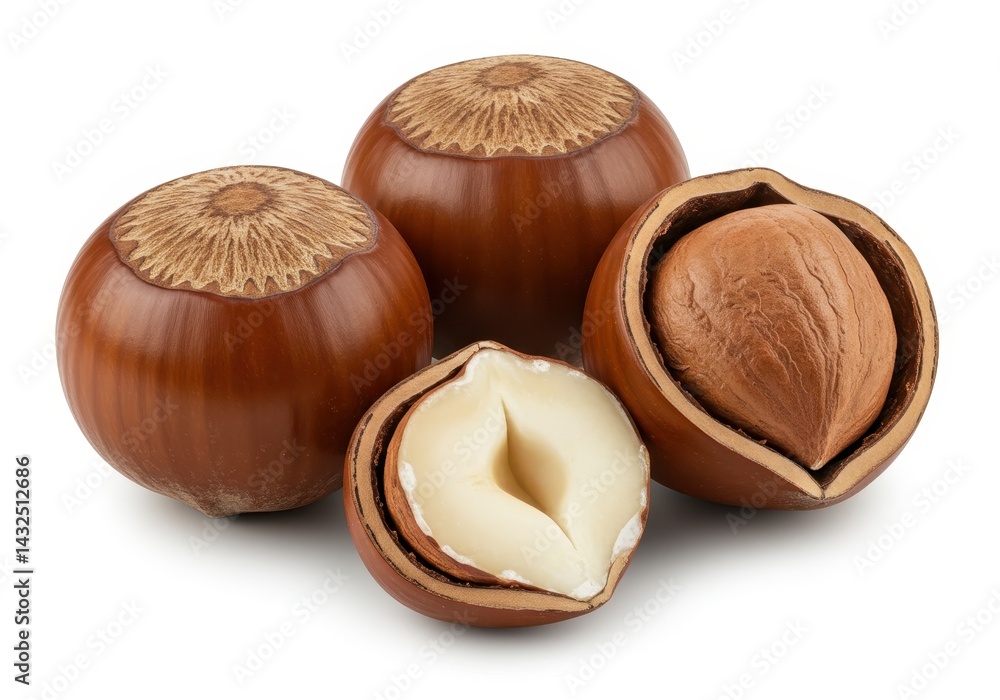 Poster hazelnuts on a white background show the nut inside the shell, with two whole nuts and two cut in ha