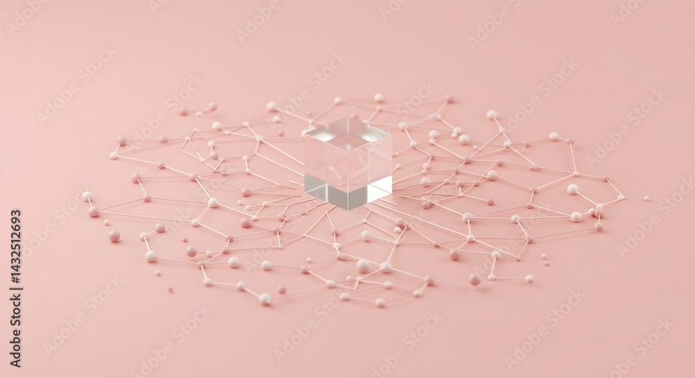 Poster abstract 3d render glass cube connected by network of lines on pink background - minimalist geometri