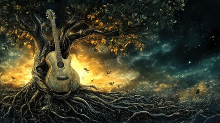 Guitar leans on big tree in idyllic scenery with fireflies. Music album cover