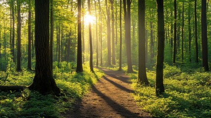 Fototapeta premium Sunlit Path Through a Verdant Forest with Lush Green Foliage and Tall Trees