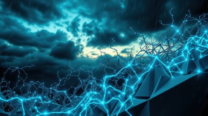 Abstract technology network over geometric shapes against stormy sky
