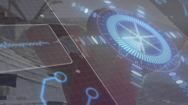 Engineer standing before power plant cooling tower, displaying digital HUD overlay with grid lines