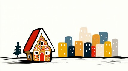 Fototapeta premium Festive Gingerbread House Winter Scene Christmas Cityscape Illustration