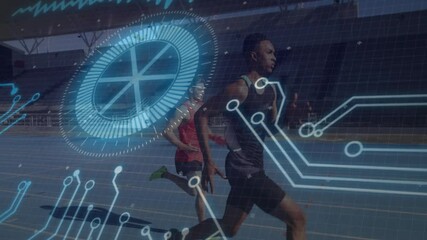 Two male athletes sprinting on track with blue HUD overlays showing sports performance data - Powered by Adobe
