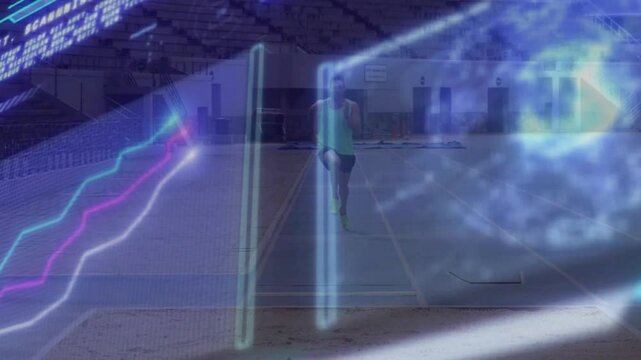 Male athlete performing high knee hops on sports court, with holographic fitness charts floating