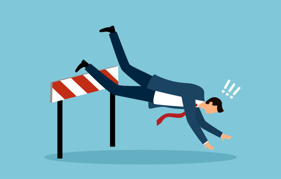 Business failure, mistake or cannot overcome difficulty or obstacle, problem or underperform employee concept. Frustrated businessman loser fail to jump over hurdle and falling to the ground.