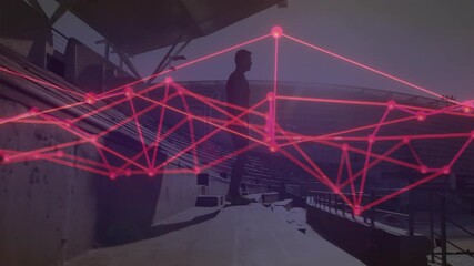 athlete standing on stadium steps at dusk, with neon network lines connecting technology data nodes - Powered by Adobe