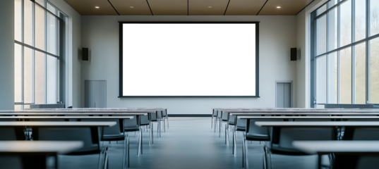 Modern Conference Room Interior Featuring PNG Transparent Projection Screen for Personalized Use with Clean Chairs and Ample Text Space