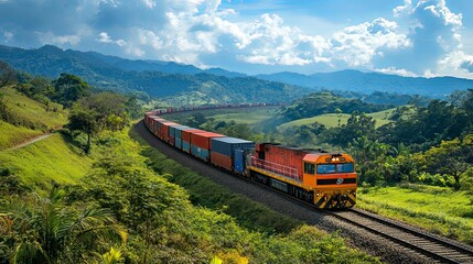 A long freight train winds through a lush mountain landscape.