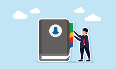 Businessman holding a punctuation mark on a book, illustration of taking notes on important points from a meeting or learning session