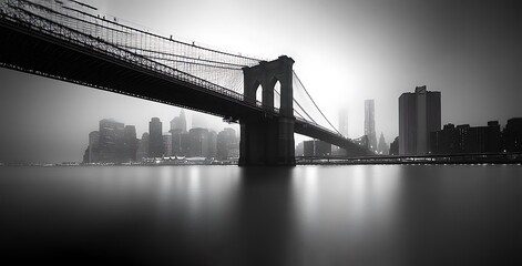 Monochrome panorama of brooklyn bridge and new york city skyline over water