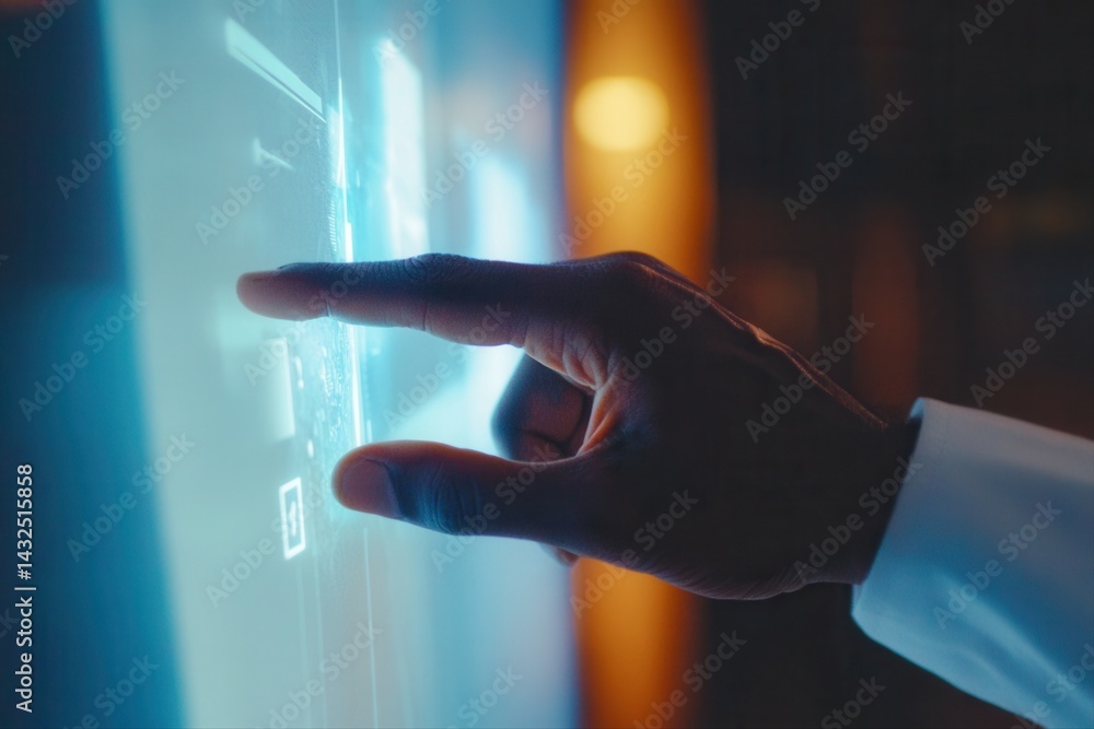 Poster hand interacting with a futuristic touchscreen interface in a modern tech environment