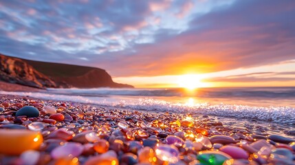 Obraz premium Colorful Pebbles on Rocky Shoreline at Sunrise