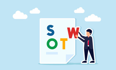Businessman carrying the letter W to place and complete the word SWOT on a paper, illustration of preparing a report on Strengths Weaknesses Opportunities and Threats