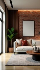 Contemporary living room with brick accent wall, sleek, stylish