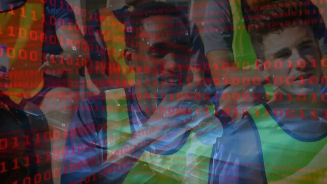 Sports team huddling in tech training wearing neon bibs using phone with floating binary code - Powered by Adobe